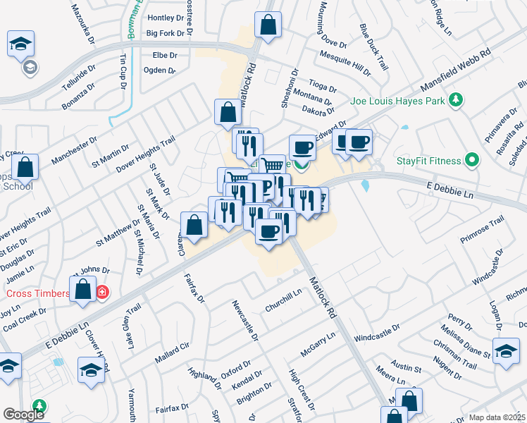 map of restaurants, bars, coffee shops, grocery stores, and more near 1401 East Debbie Lane in Mansfield