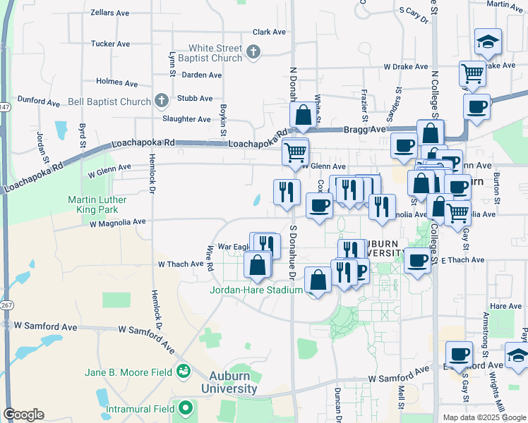 map of restaurants, bars, coffee shops, grocery stores, and more near 544 West Magnolia Avenue in Auburn