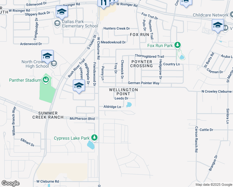 map of restaurants, bars, coffee shops, grocery stores, and more near 4252 Glen Abbey Drive in Crowley