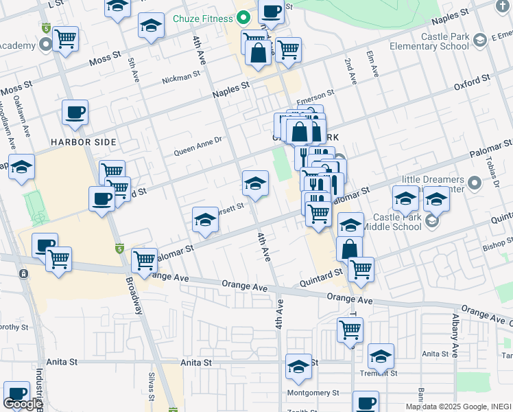 map of restaurants, bars, coffee shops, grocery stores, and more near 390 Palomar Street in Chula Vista
