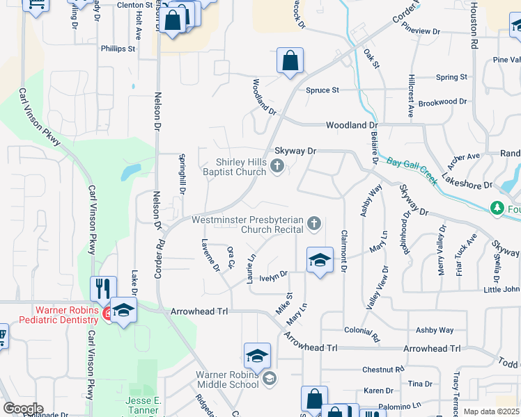 map of restaurants, bars, coffee shops, grocery stores, and more near 102 Linda Kay Court in Warner Robins
