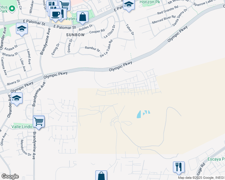 map of restaurants, bars, coffee shops, grocery stores, and more near Olympic Parkway in Chula Vista