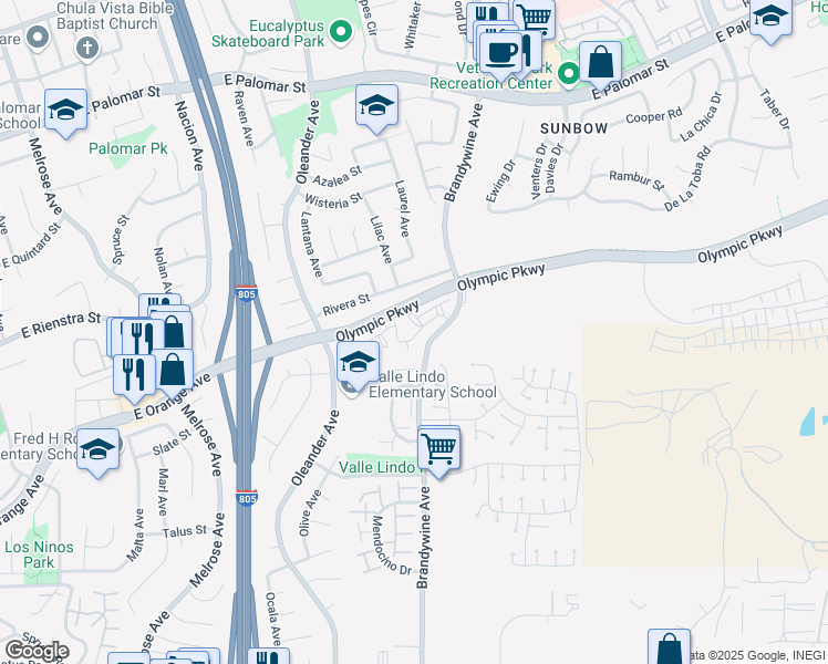 map of restaurants, bars, coffee shops, grocery stores, and more near 575 Portsmouth Drive in Chula Vista
