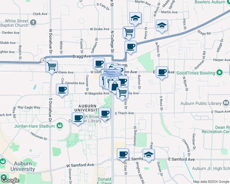 map of restaurants, bars, coffee shops, grocery stores, and more near 109 North College Street in Auburn