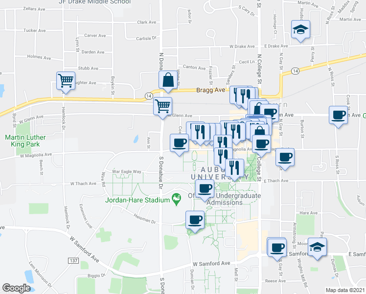 map of restaurants, bars, coffee shops, grocery stores, and more near 362 West Magnolia Avenue in Auburn
