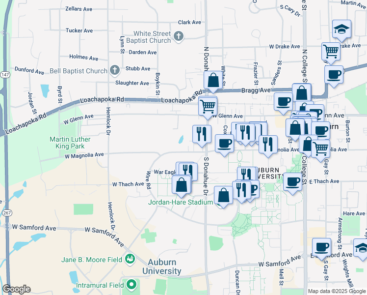 map of restaurants, bars, coffee shops, grocery stores, and more near 546 West Magnolia Avenue in Auburn