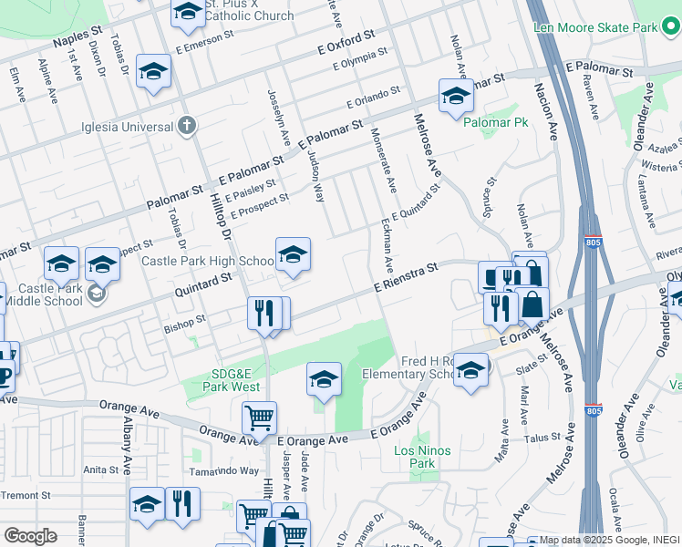map of restaurants, bars, coffee shops, grocery stores, and more near 1430 Judson Way in Chula Vista