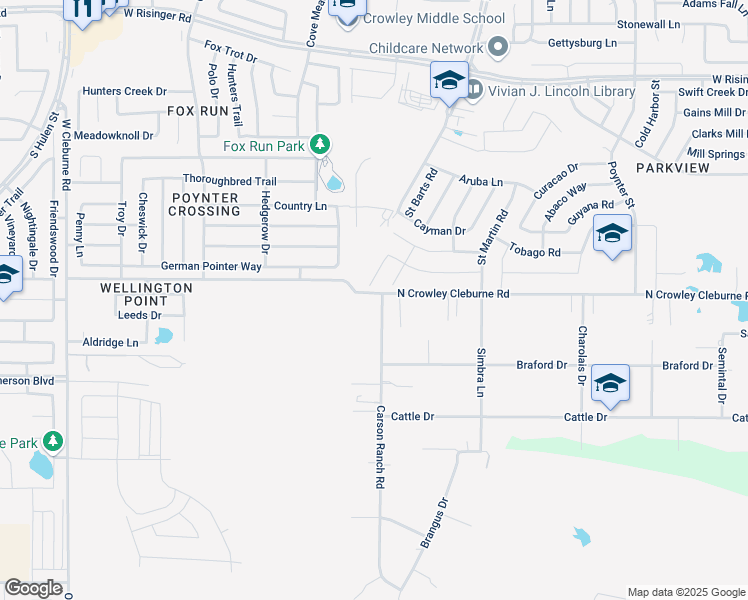 map of restaurants, bars, coffee shops, grocery stores, and more near 9400 Carson Ranch Road in Crowley