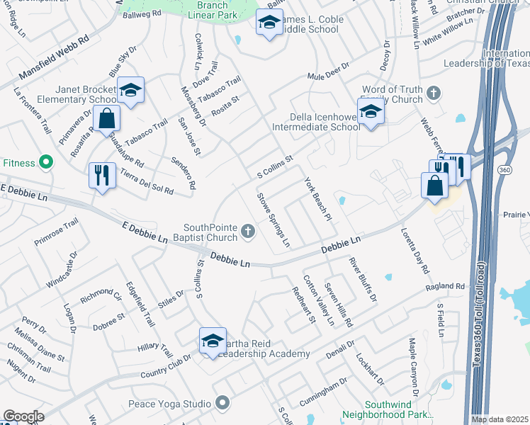 map of restaurants, bars, coffee shops, grocery stores, and more near 8020 Stowe Springs Lane in Arlington