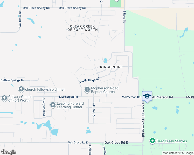 map of restaurants, bars, coffee shops, grocery stores, and more near 1421 Castle Ridge Road in Fort Worth