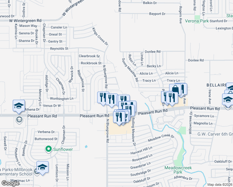 map of restaurants, bars, coffee shops, grocery stores, and more near 1400 North Bluegrove Road in Lancaster