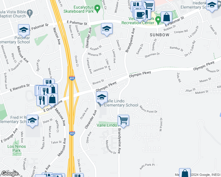 map of restaurants, bars, coffee shops, grocery stores, and more near 543 Georgetown Place in Chula Vista