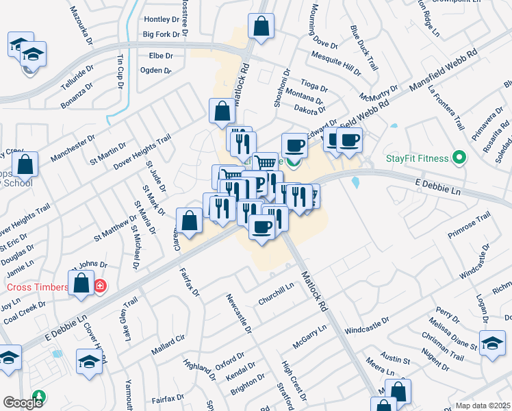 map of restaurants, bars, coffee shops, grocery stores, and more near 1401 East Debbie Lane in Mansfield