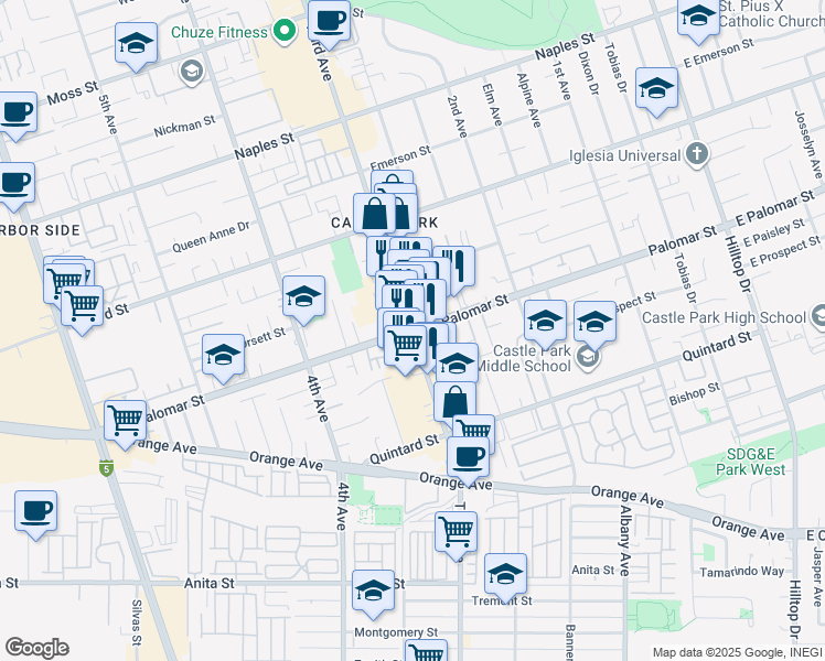 map of restaurants, bars, coffee shops, grocery stores, and more near Palomar Street & 3rd Avenue in Chula Vista