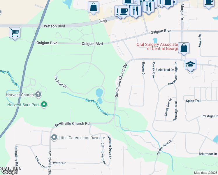 map of restaurants, bars, coffee shops, grocery stores, and more near 111 Rio Pinar Drive in Warner Robins