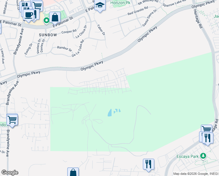 map of restaurants, bars, coffee shops, grocery stores, and more near Olympic Parkway in Chula Vista