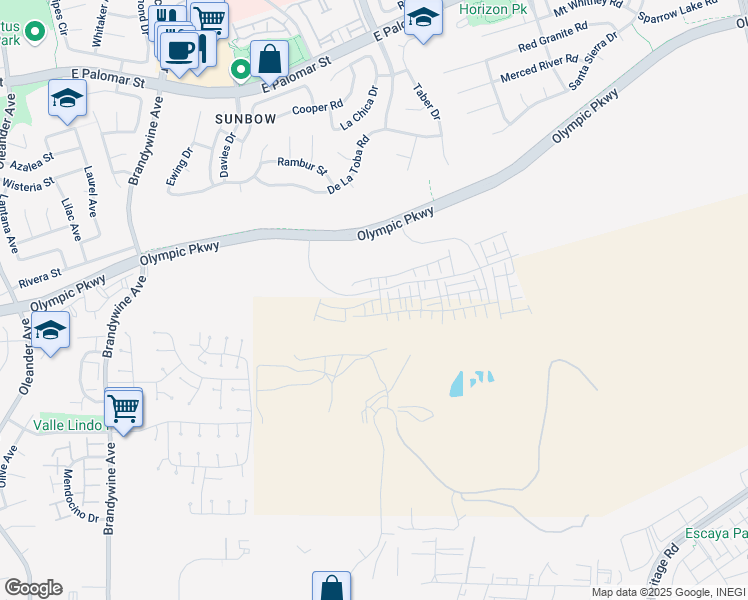 map of restaurants, bars, coffee shops, grocery stores, and more near Olympic Parkway in Chula Vista