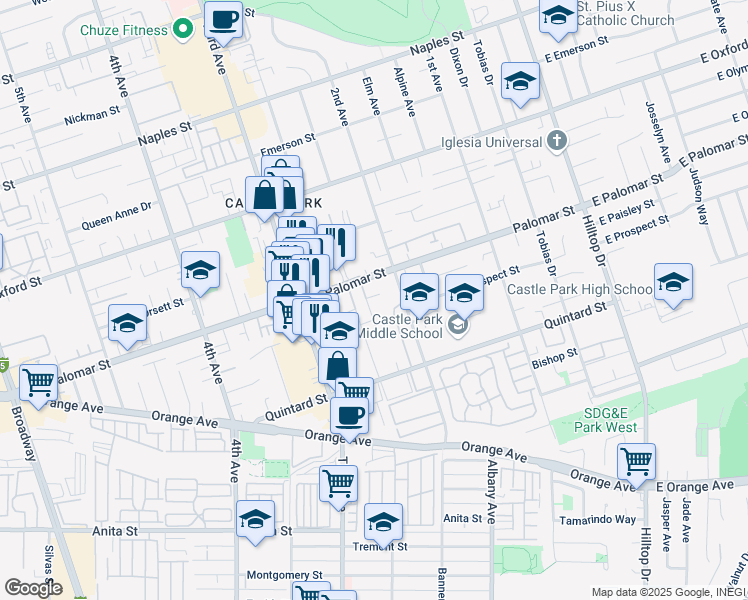 map of restaurants, bars, coffee shops, grocery stores, and more near 226 Palomar Street in Chula Vista