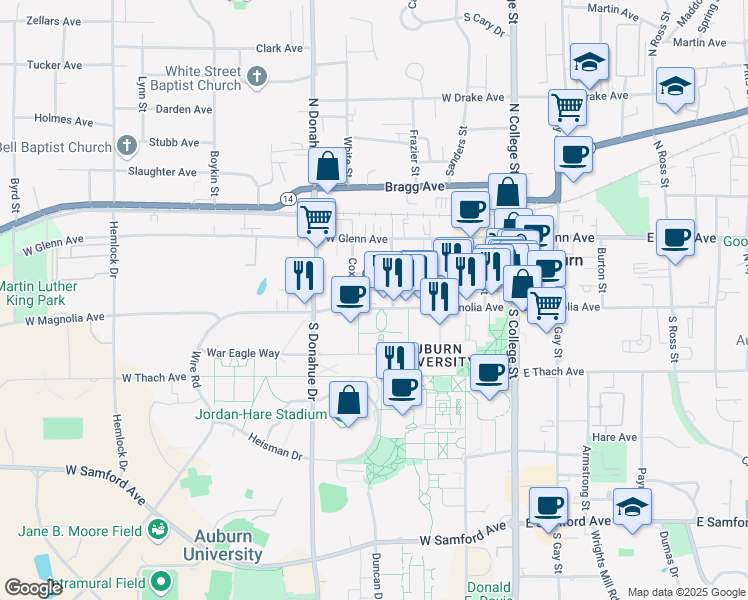 map of restaurants, bars, coffee shops, grocery stores, and more near 362 West Magnolia Avenue in Auburn