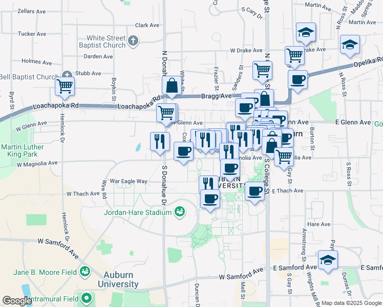 map of restaurants, bars, coffee shops, grocery stores, and more near 362 West Magnolia Avenue in Auburn