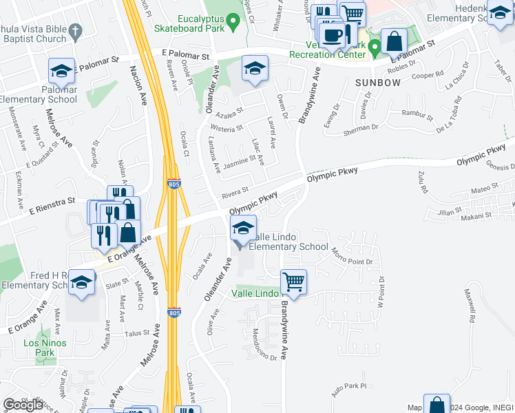 map of restaurants, bars, coffee shops, grocery stores, and more near 519 Georgetown Place in Chula Vista