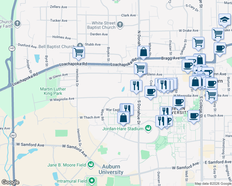map of restaurants, bars, coffee shops, grocery stores, and more near 644 West Magnolia Avenue in Auburn