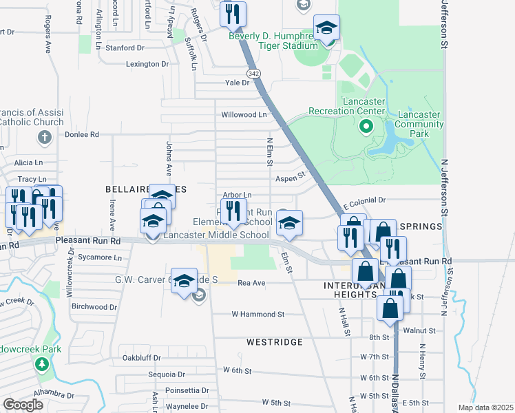 map of restaurants, bars, coffee shops, grocery stores, and more near 1515 North Elm Street in Lancaster