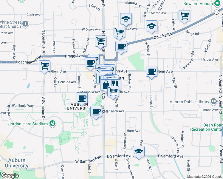 map of restaurants, bars, coffee shops, grocery stores, and more near 145 East Magnolia Avenue in Auburn