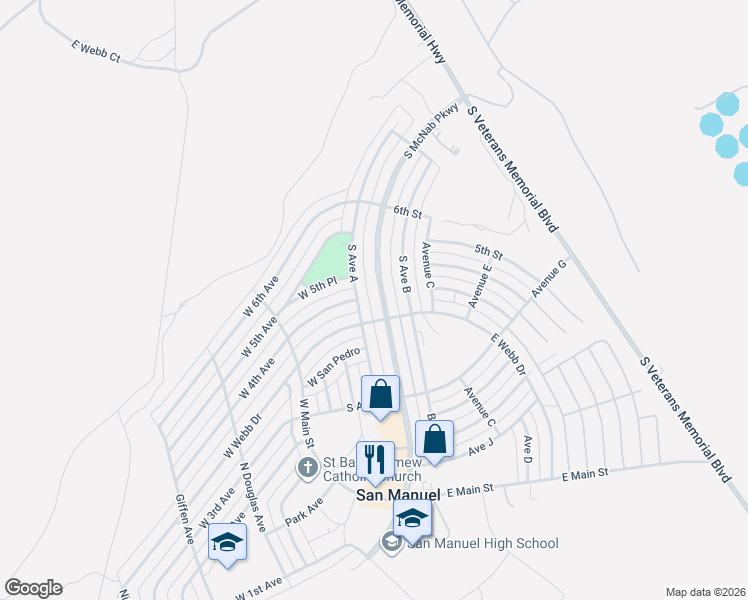 map of restaurants, bars, coffee shops, grocery stores, and more near 239 South Avenue A in San Manuel