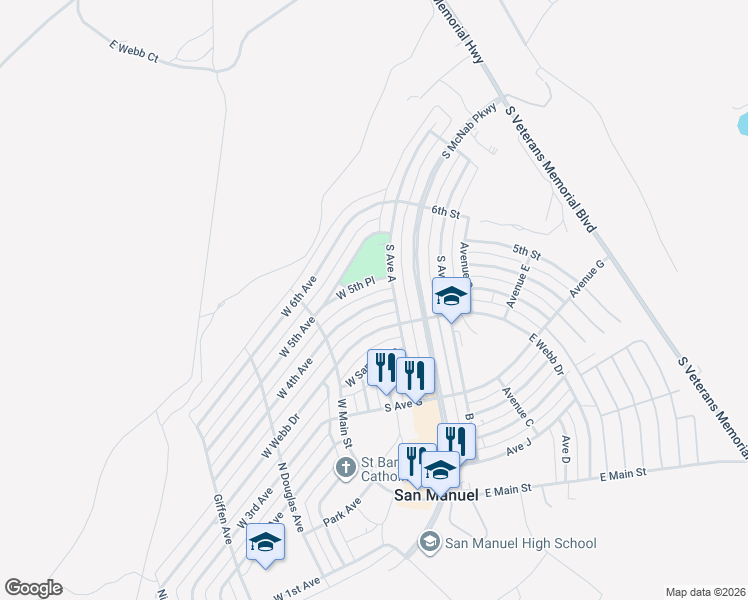 map of restaurants, bars, coffee shops, grocery stores, and more near 113 West 5th Place in San Manuel