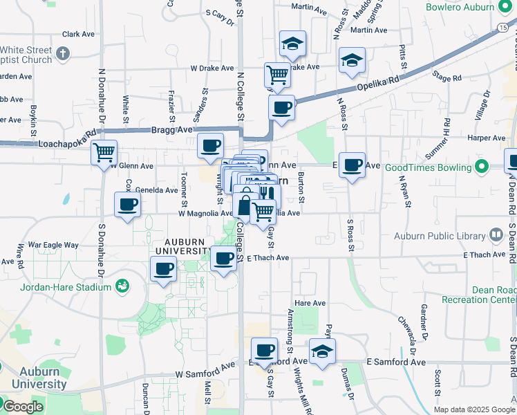 map of restaurants, bars, coffee shops, grocery stores, and more near 145 East Magnolia Avenue in Auburn