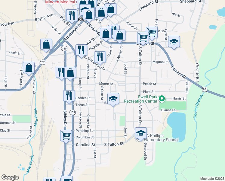 map of restaurants, bars, coffee shops, grocery stores, and more near 410 South Abney Street in Minden