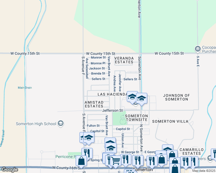 map of restaurants, bars, coffee shops, grocery stores, and more near Calle De Paz in Somerton