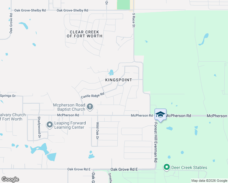 map of restaurants, bars, coffee shops, grocery stores, and more near 1504 Castle Ridge Road in Fort Worth