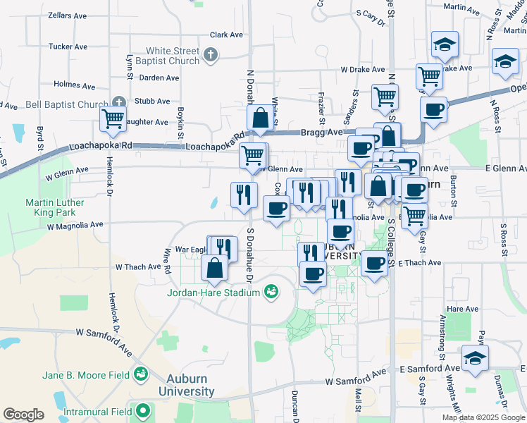 map of restaurants, bars, coffee shops, grocery stores, and more near 420 West Magnolia Avenue in Auburn