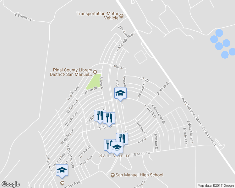 map of restaurants, bars, coffee shops, grocery stores, and more near 236 South Avenue B in San Manuel