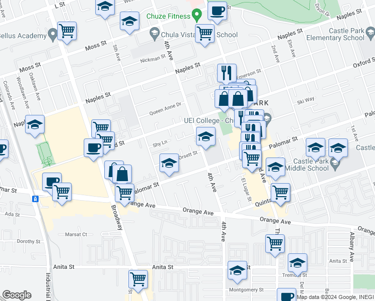 map of restaurants, bars, coffee shops, grocery stores, and more near 1256 Orde Court in Chula Vista