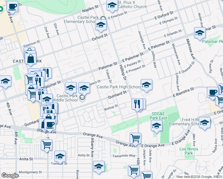 map of restaurants, bars, coffee shops, grocery stores, and more near 1382 Tobias Drive in Chula Vista