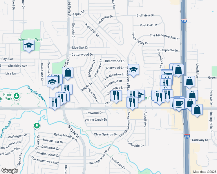 map of restaurants, bars, coffee shops, grocery stores, and more near 1020 Rosewood Drive in DeSoto