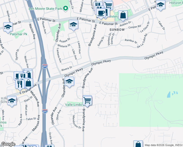 map of restaurants, bars, coffee shops, grocery stores, and more near 1540 Concord Way in Chula Vista