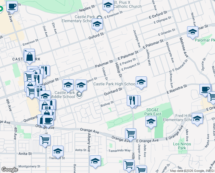 map of restaurants, bars, coffee shops, grocery stores, and more near 1382 Tobias Drive in Chula Vista