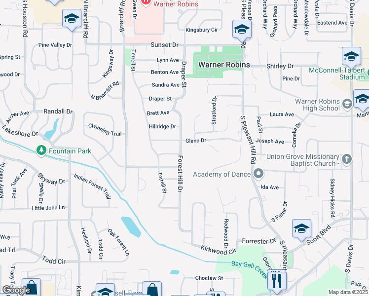map of restaurants, bars, coffee shops, grocery stores, and more near 101 Glenn Drive in Warner Robins