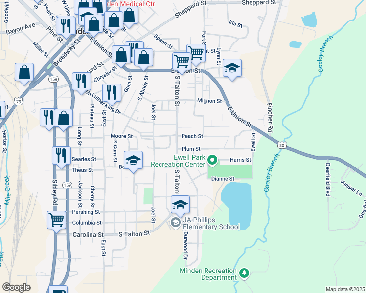 map of restaurants, bars, coffee shops, grocery stores, and more near 708 Plum Street in Minden
