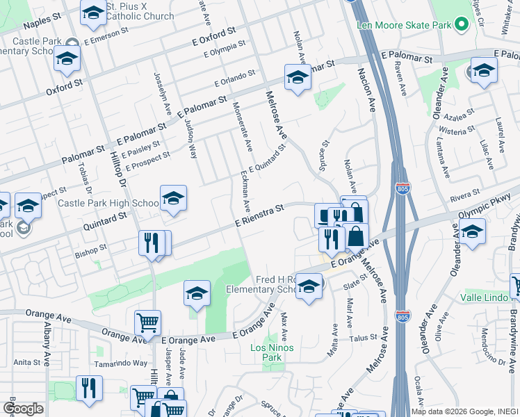 map of restaurants, bars, coffee shops, grocery stores, and more near 169 East Rienstra Street in Chula Vista