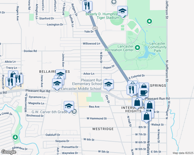 map of restaurants, bars, coffee shops, grocery stores, and more near 1515 North Elm Street in Lancaster