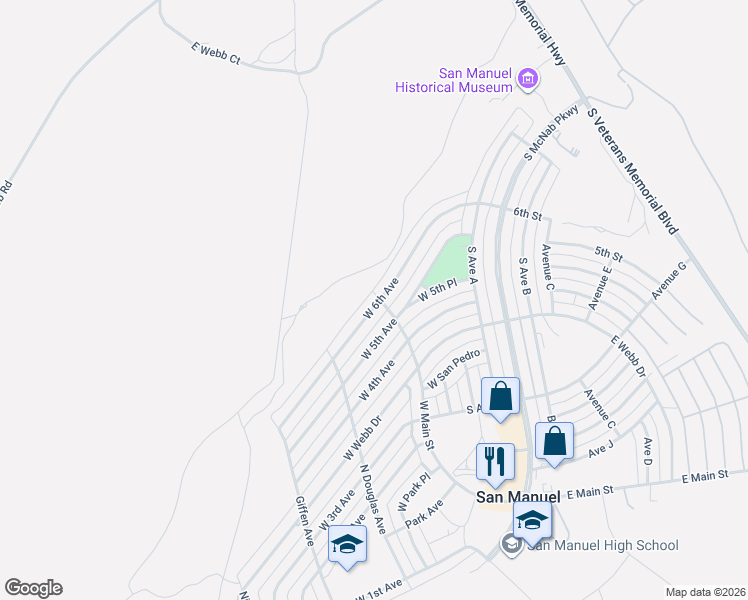 map of restaurants, bars, coffee shops, grocery stores, and more near 602 West 6th Avenue in San Manuel