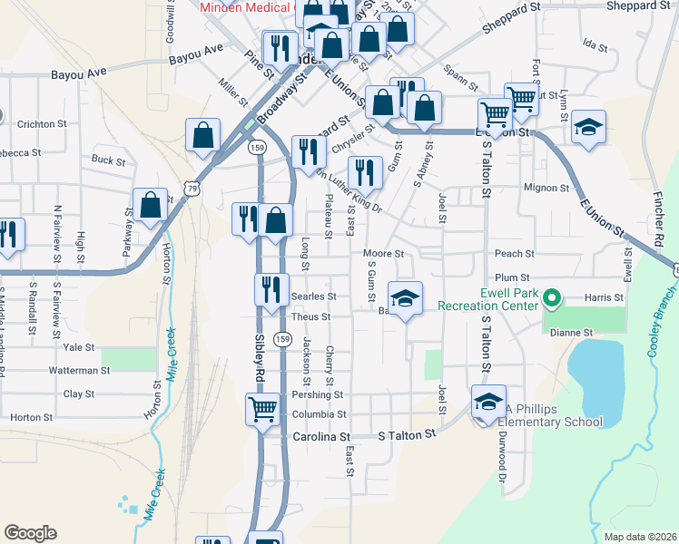 map of restaurants, bars, coffee shops, grocery stores, and more near 407 Chestnut Street in Minden