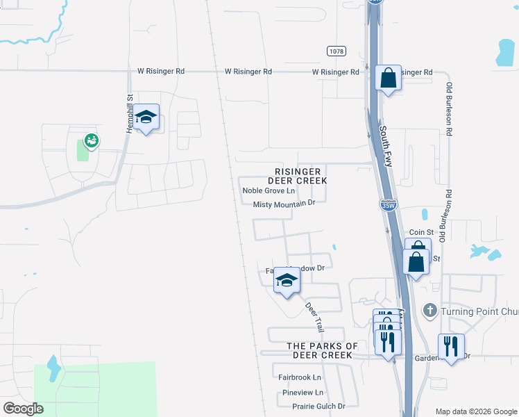 map of restaurants, bars, coffee shops, grocery stores, and more near 625 Misty Mountain Drive in Fort Worth