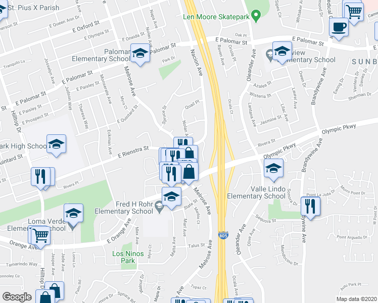 map of restaurants, bars, coffee shops, grocery stores, and more near 1444 Nolan Court in Chula Vista