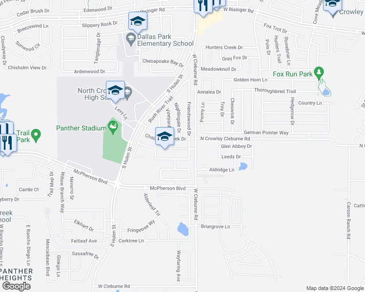 map of restaurants, bars, coffee shops, grocery stores, and more near 4408 Arborwood Trail in Fort Worth